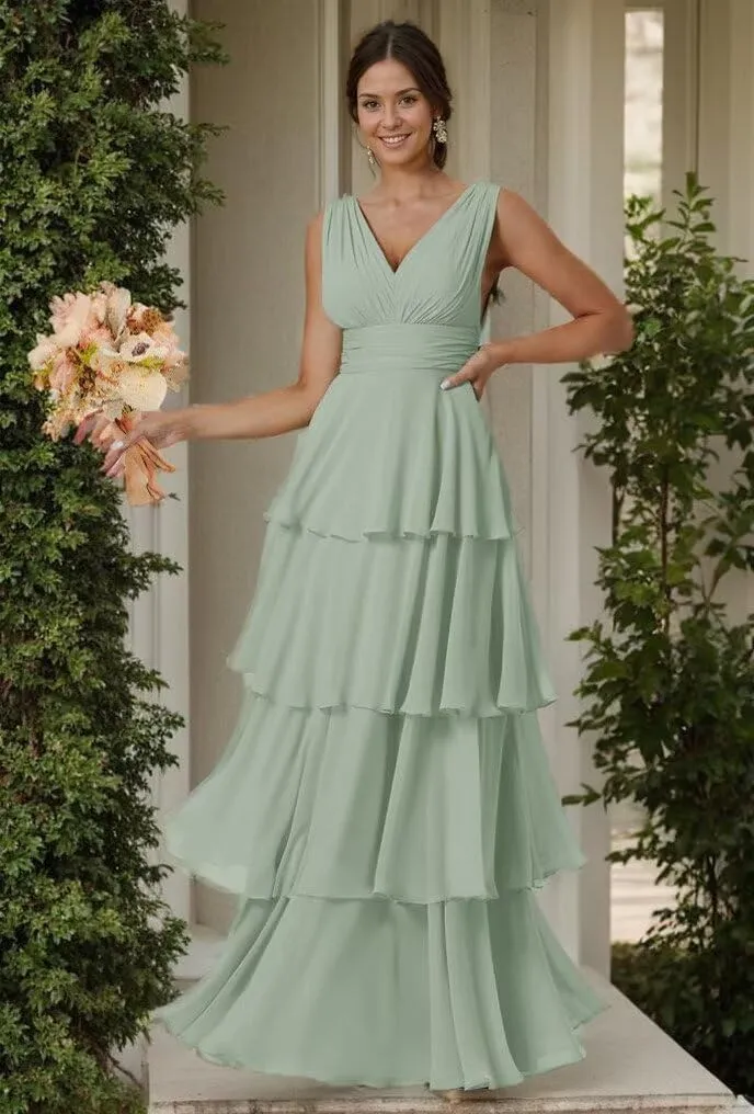 Tiered Ruffles Bridesmaid Dresses for Women V Neck Chiffon Prom Dress Empire Formal Party Evening Gowns