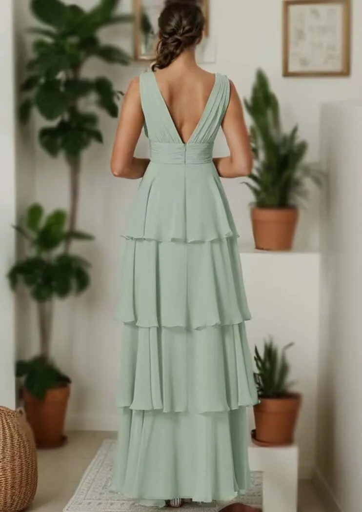 Tiered Ruffles Bridesmaid Dresses for Women V Neck Chiffon Prom Dress Empire Formal Party Evening Gowns