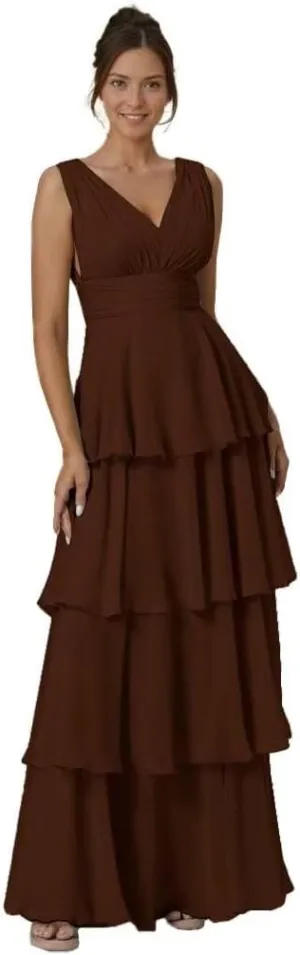Tiered Ruffles Bridesmaid Dresses for Women V Neck Chiffon Prom Dress Empire Formal Party Evening Gowns