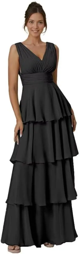 Tiered Ruffles Bridesmaid Dresses for Women V Neck Chiffon Prom Dress Empire Formal Party Evening Gowns