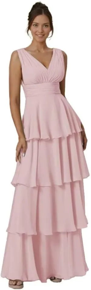 Tiered Ruffles Bridesmaid Dresses for Women V Neck Chiffon Prom Dress Empire Formal Party Evening Gowns