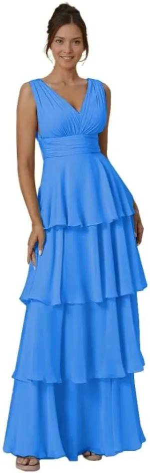 Tiered Ruffles Bridesmaid Dresses for Women V Neck Chiffon Prom Dress Empire Formal Party Evening Gowns
