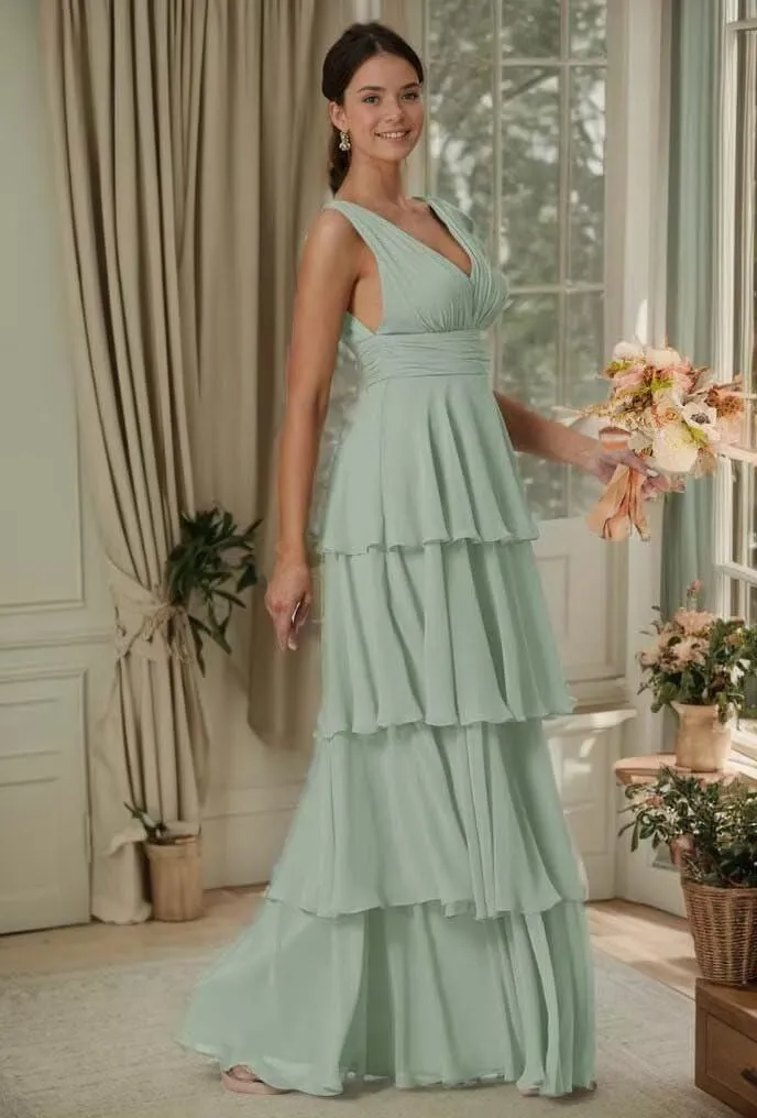 Tiered Ruffles Bridesmaid Dresses for Women V Neck Chiffon Prom Dress Empire Formal Party Evening Gowns