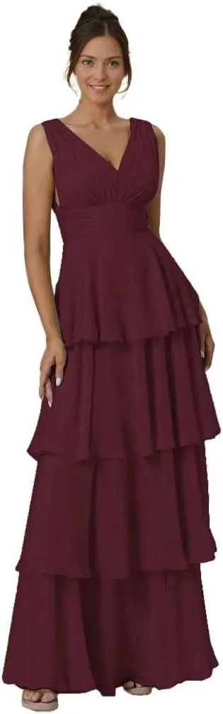 Tiered Ruffles Bridesmaid Dresses for Women V Neck Chiffon Prom Dress Empire Formal Party Evening Gowns