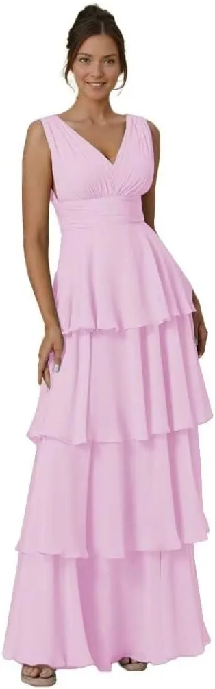 Tiered Ruffles Bridesmaid Dresses for Women V Neck Chiffon Prom Dress Empire Formal Party Evening Gowns