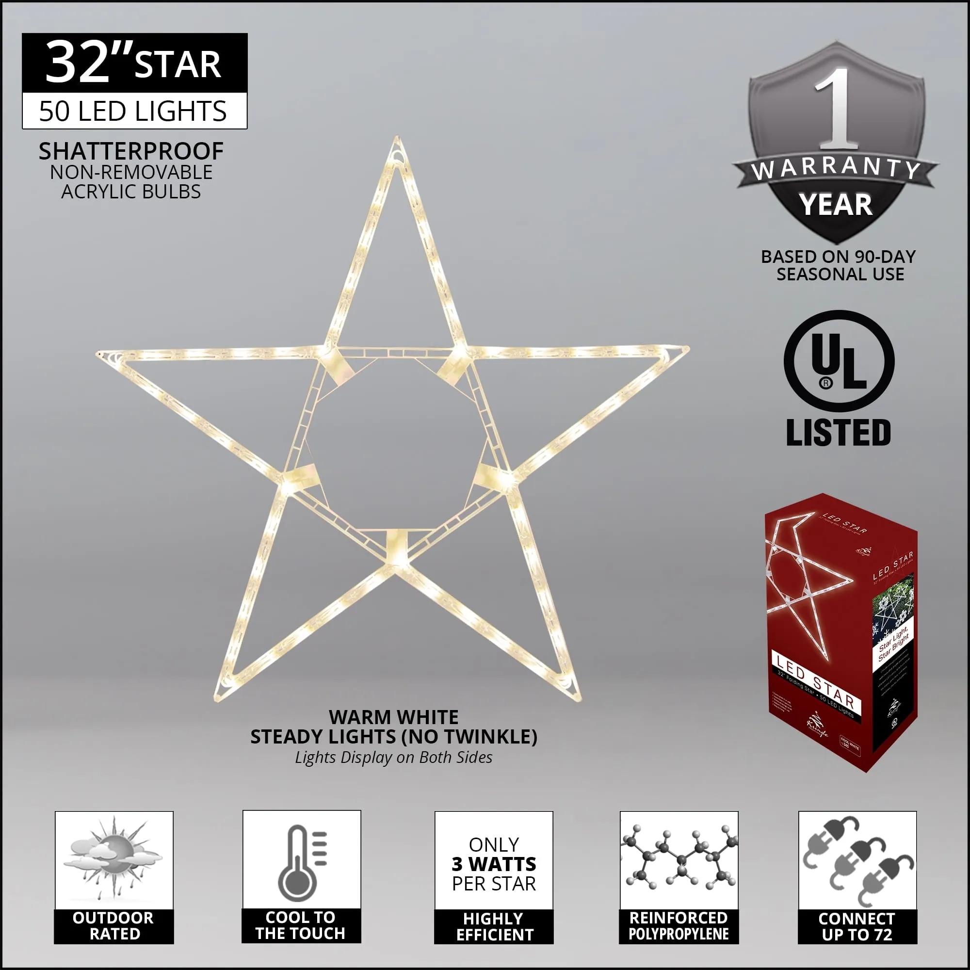 timeless 32a?? Warm White LED Star Light, Fold-Flat Christmas Lighted Star, Outdoor Warm White 32'