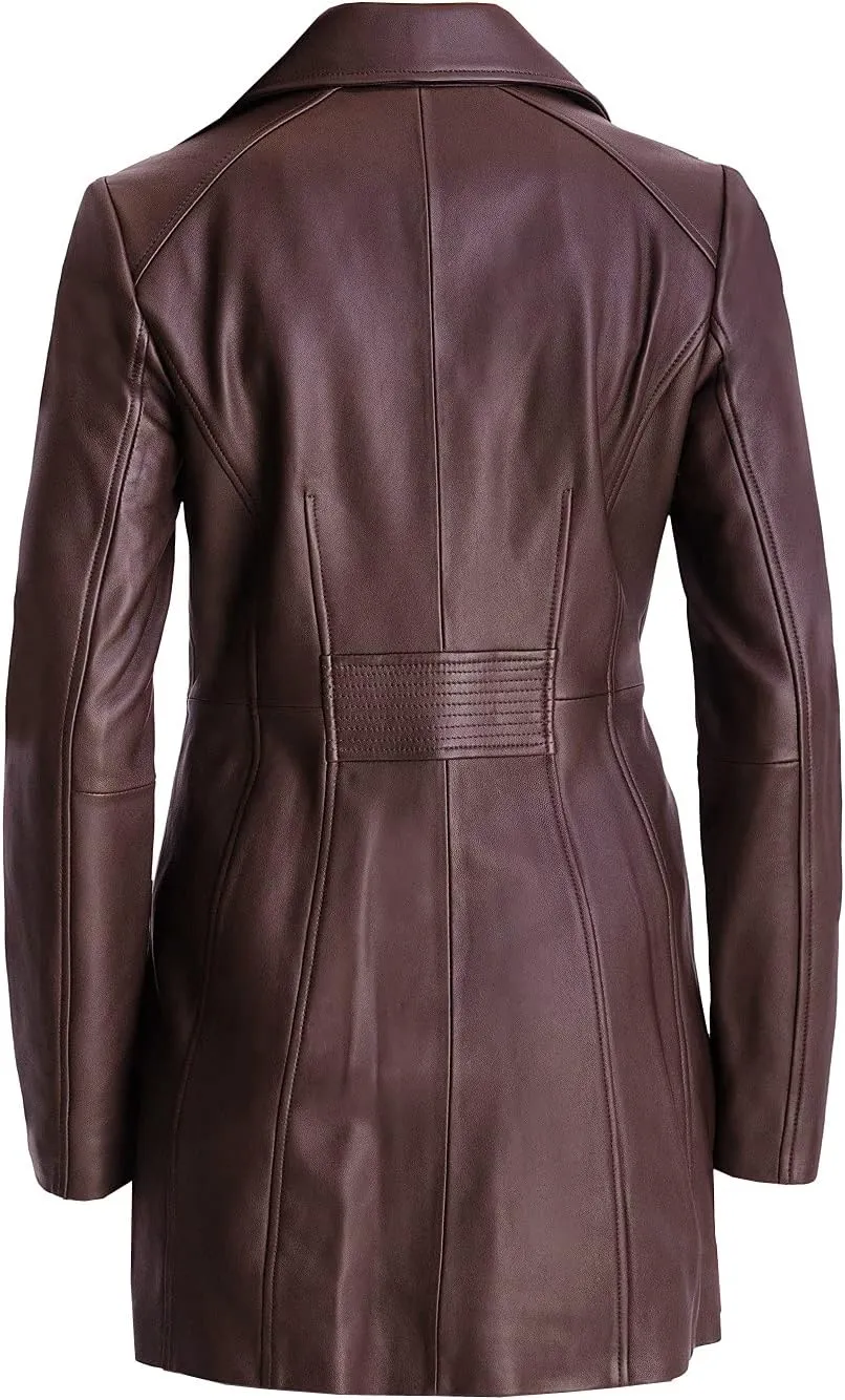TIPTOP Trench Leather Coat For Women Genuine Leather 3-Button Long Coat Black and Brown