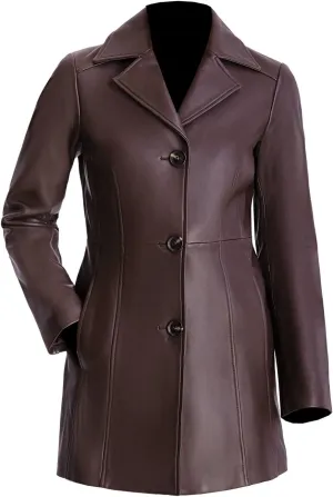 TIPTOP Trench Leather Coat For Women Genuine Leather 3-Button Long Coat Black and Brown