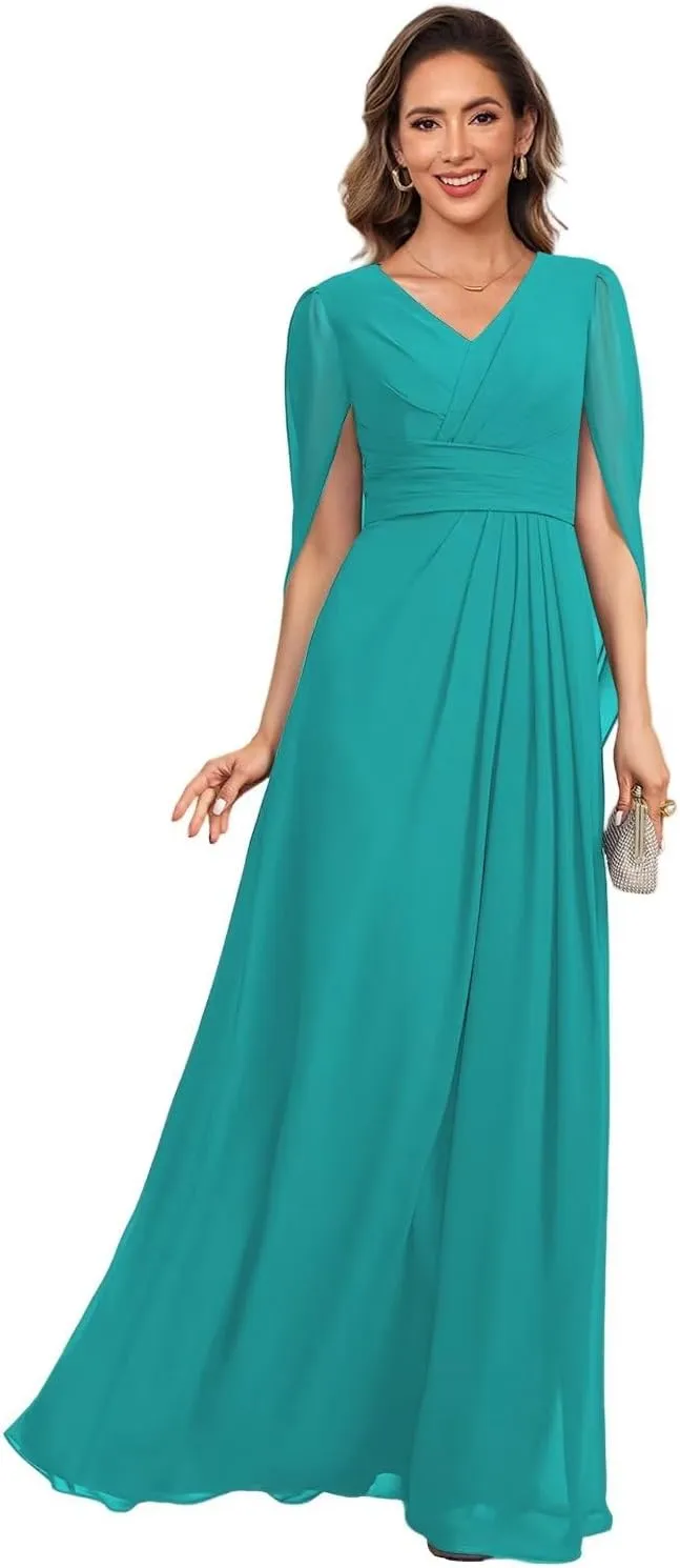 V Neck Cape Sleeves Mother of The Bride Dresses for Wedding Long Pleated Chiffon A-line Formal Dress AD118