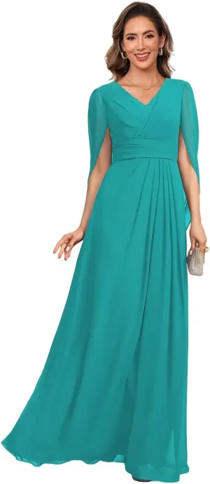 V Neck Cape Sleeves Mother of The Bride Dresses for Wedding Long Pleated Chiffon A-line Formal Dress AD118
