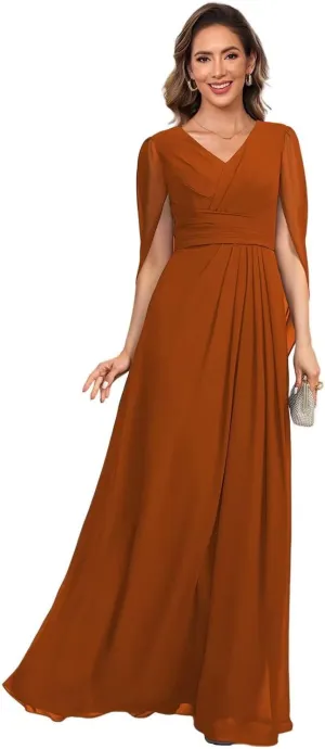 V Neck Cape Sleeves Mother of The Bride Dresses for Wedding Long Pleated Chiffon A-line Formal Dress AD118