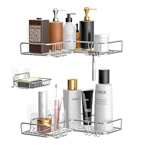 Vdomus Corner Shower Caddy No Drill Bathroom Organizer Shelf with Hooks 3 Pack