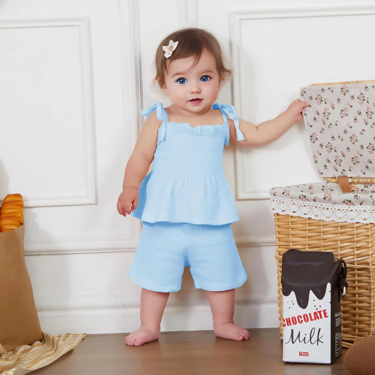 VISGOGO Infant Baby Toddler Girls Summer Clothes Solid Color Sleeveless Camisole Linen Short Set Baby Summer Outfits