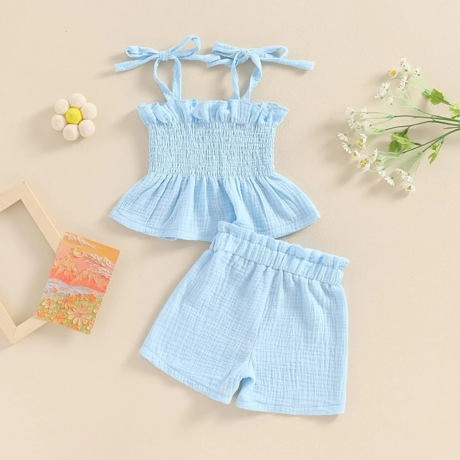 VISGOGO Infant Baby Toddler Girls Summer Clothes Solid Color Sleeveless Camisole Linen Short Set Baby Summer Outfits