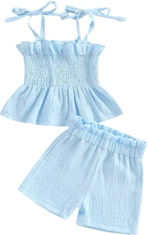 VISGOGO Infant Baby Toddler Girls Summer Clothes Solid Color Sleeveless Camisole Linen Short Set Baby Summer Outfits