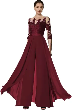 Wedding Guest Jumpsuits Lace Appliques Pantsuits Chiffon Mother of The Bride Outfit Sets Evening Party Gowns