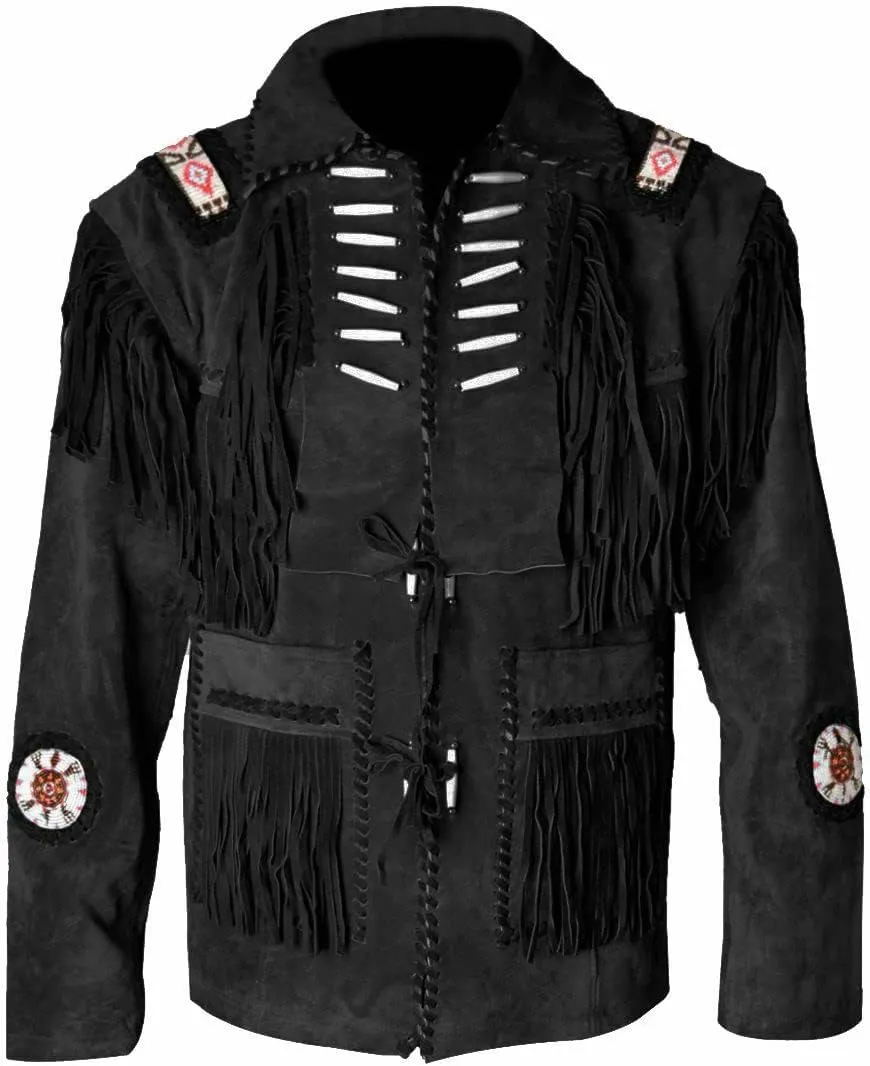 Western Genuine Suede Leather Jacket Men Native American Beaded Tassel Top Brown Fringe Cowboy Jacket for Sale