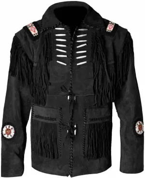 Western Genuine Suede Leather Jacket Men Native American Beaded Tassel Top Brown Fringe Cowboy Jacket for Sale