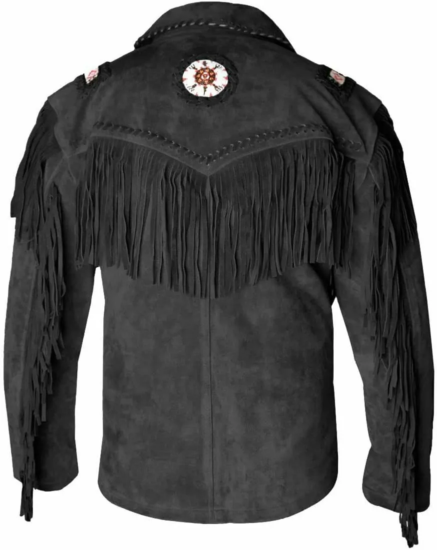 Western Genuine Suede Leather Jacket Men Native American Beaded Tassel Top Brown Fringe Cowboy Jacket for Sale