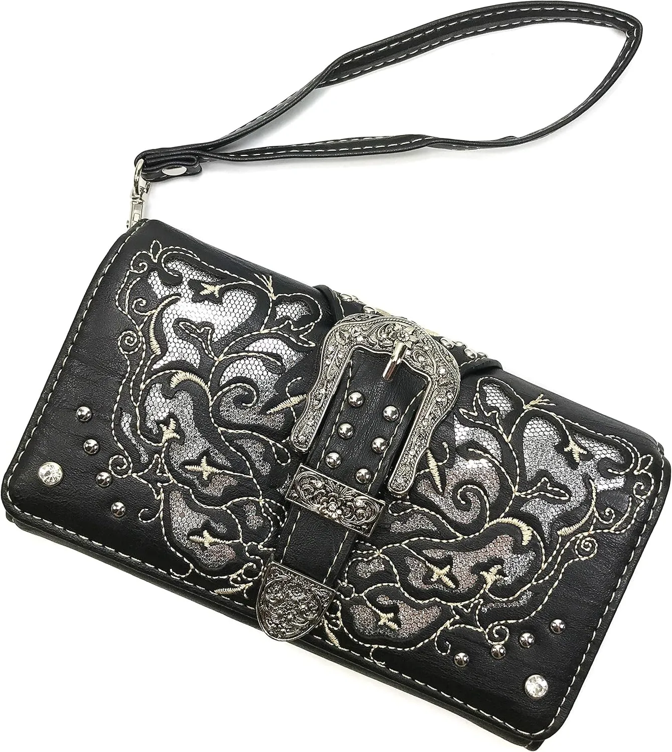 Western Gleaming Buckle Floral Cowgirl Women Crossbody Wrist Trifold Wallet (Black)