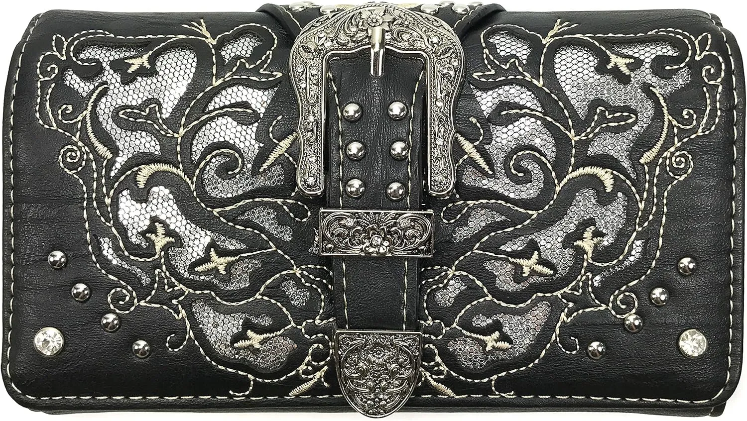 Western Gleaming Buckle Floral Cowgirl Women Crossbody Wrist Trifold Wallet (Black)