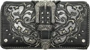 Western Gleaming Buckle Floral Cowgirl Women Crossbody Wrist Trifold Wallet (Black)