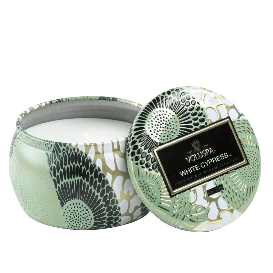 White Cypress Dec Tin Candle