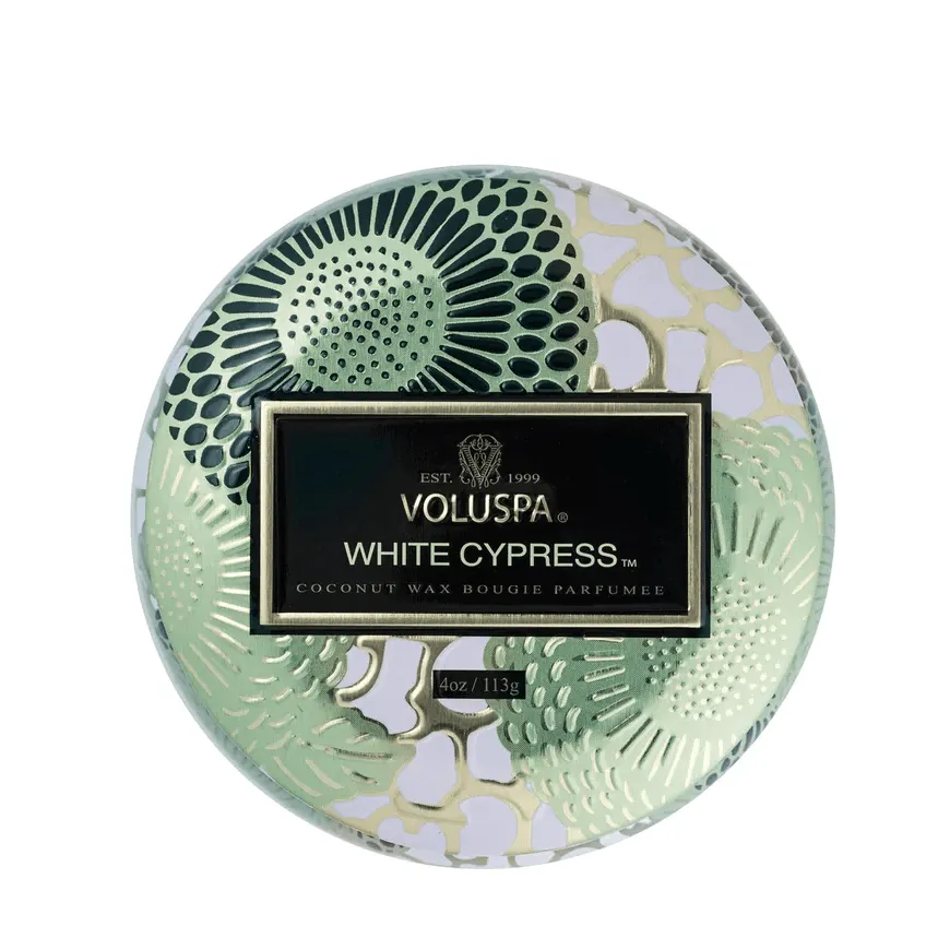 White Cypress Dec Tin Candle