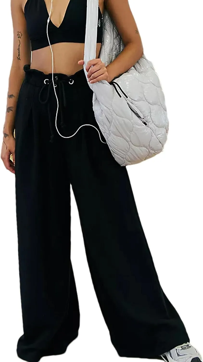 Wide Leg Sweatpants Women High Waisted Cotton Baggy Flared Workout Pants Drawstring Athletic Joggers