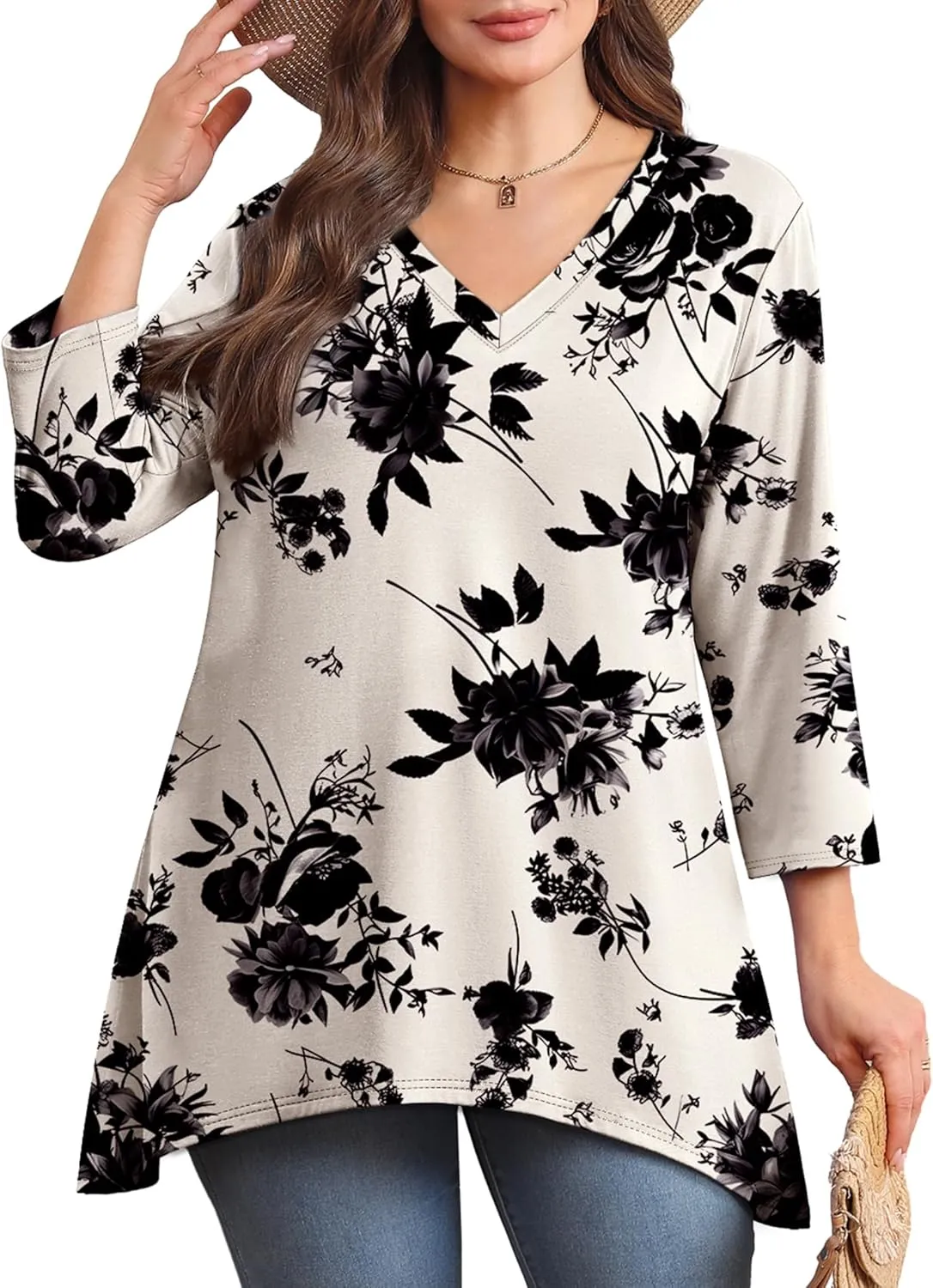 WIHOLL 3/4 Sleeve Tunic Tops for Women Loose Fit Dressy Casual Blouses V Neck T Shirts with Asymmetrical Hem S-3XL