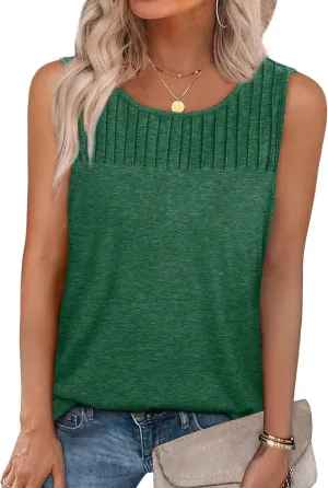 WIHOLL Womens Summer Tank Top Casual Pleated Sleeveless Tops Crewneck Trendy Shirts Outfits Clothes