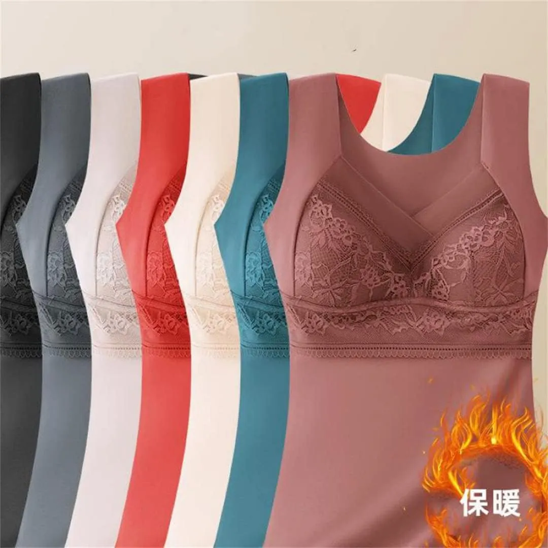 Winter Thermal Underwear Lace Camisoles Vest Corset Padded Fleece Lined Warm Undershirt Brassiere