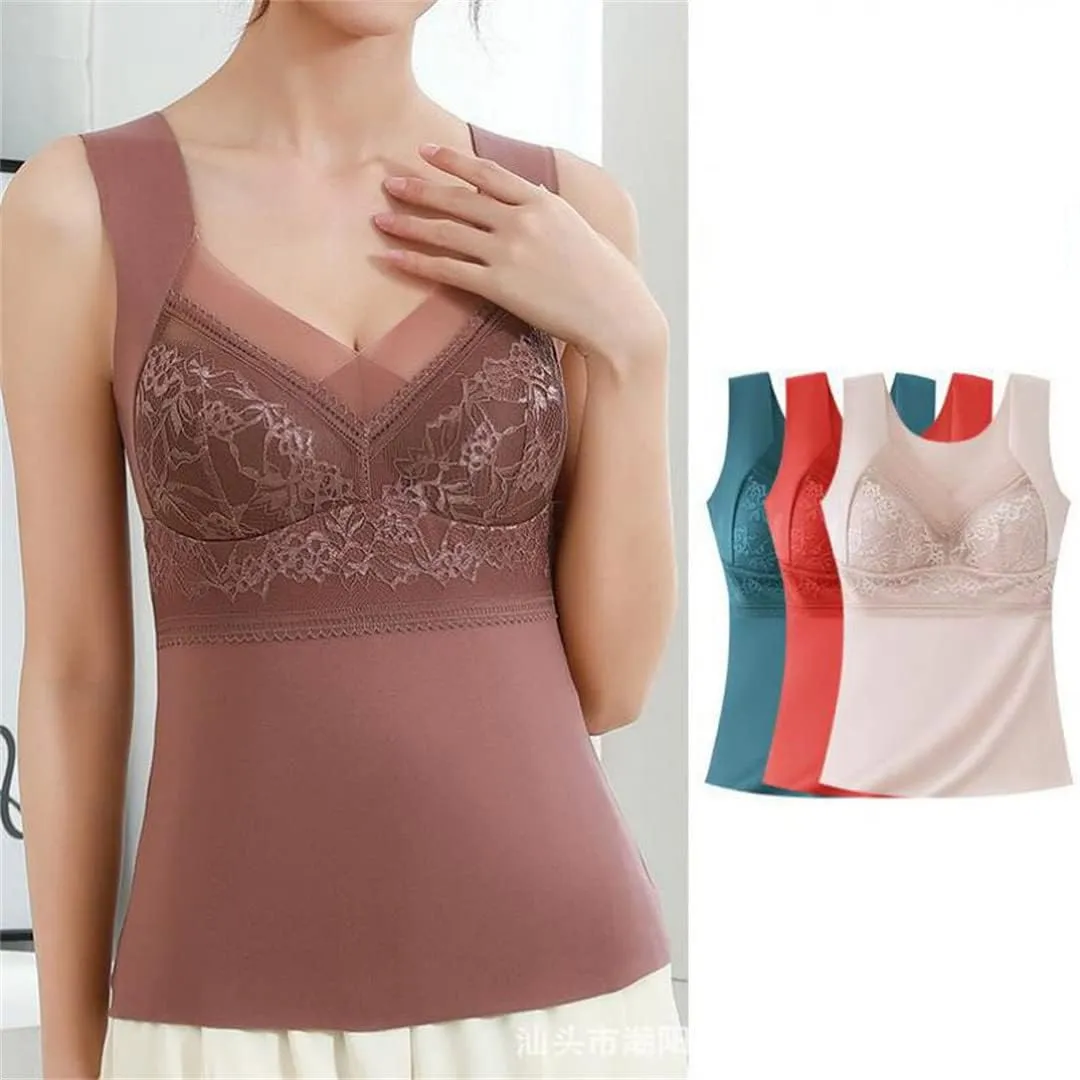 Winter Thermal Underwear Lace Camisoles Vest Corset Padded Fleece Lined Warm Undershirt Brassiere