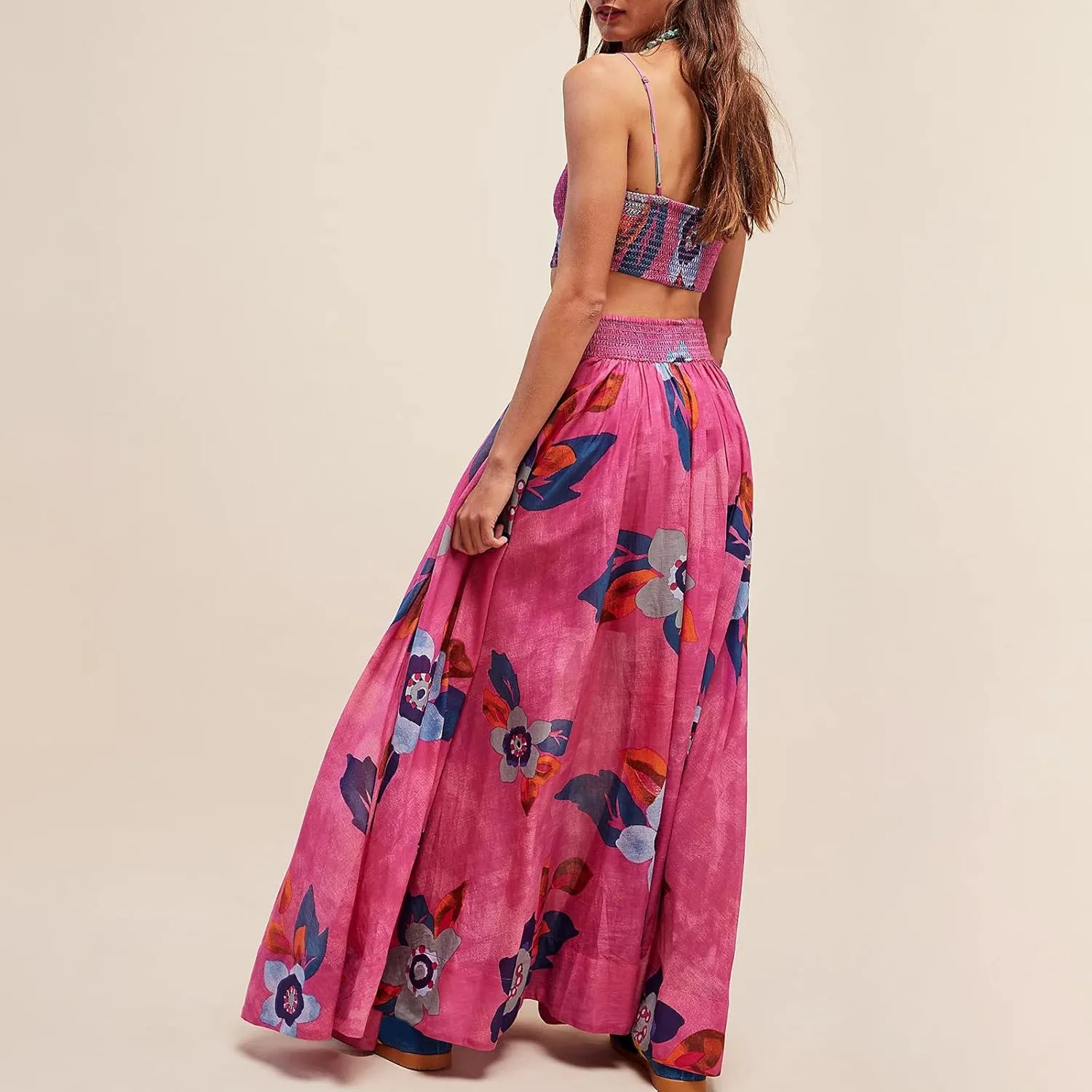 Women 2 Piece Floral Print Skirt Set Backless Cami Tops and Flowy Pleated Long Skirt Summer Boho Beach Outfits