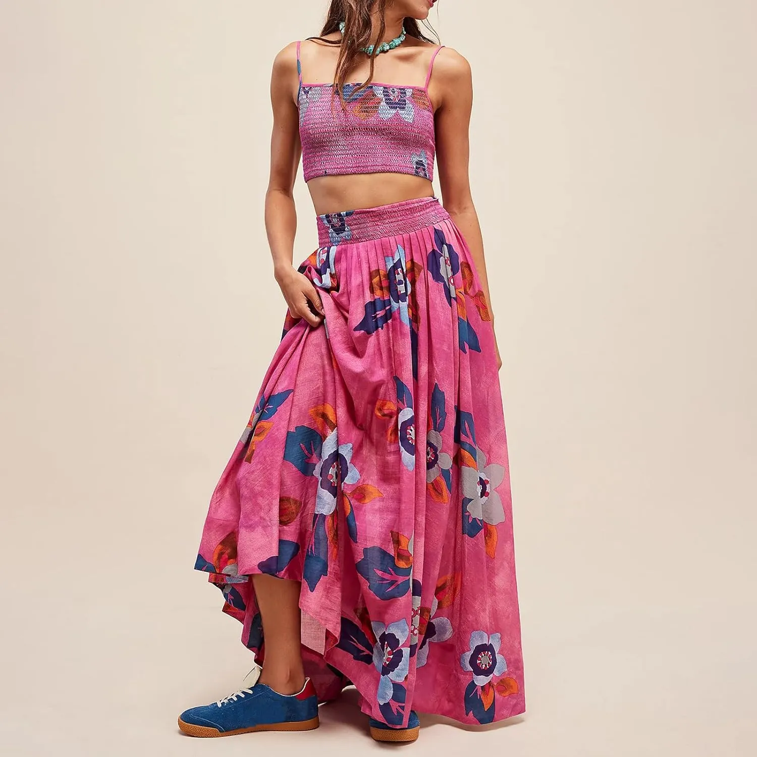 Women 2 Piece Floral Print Skirt Set Backless Cami Tops and Flowy Pleated Long Skirt Summer Boho Beach Outfits