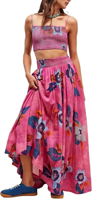 Women 2 Piece Floral Print Skirt Set Backless Cami Tops and Flowy Pleated Long Skirt Summer Boho Beach Outfits