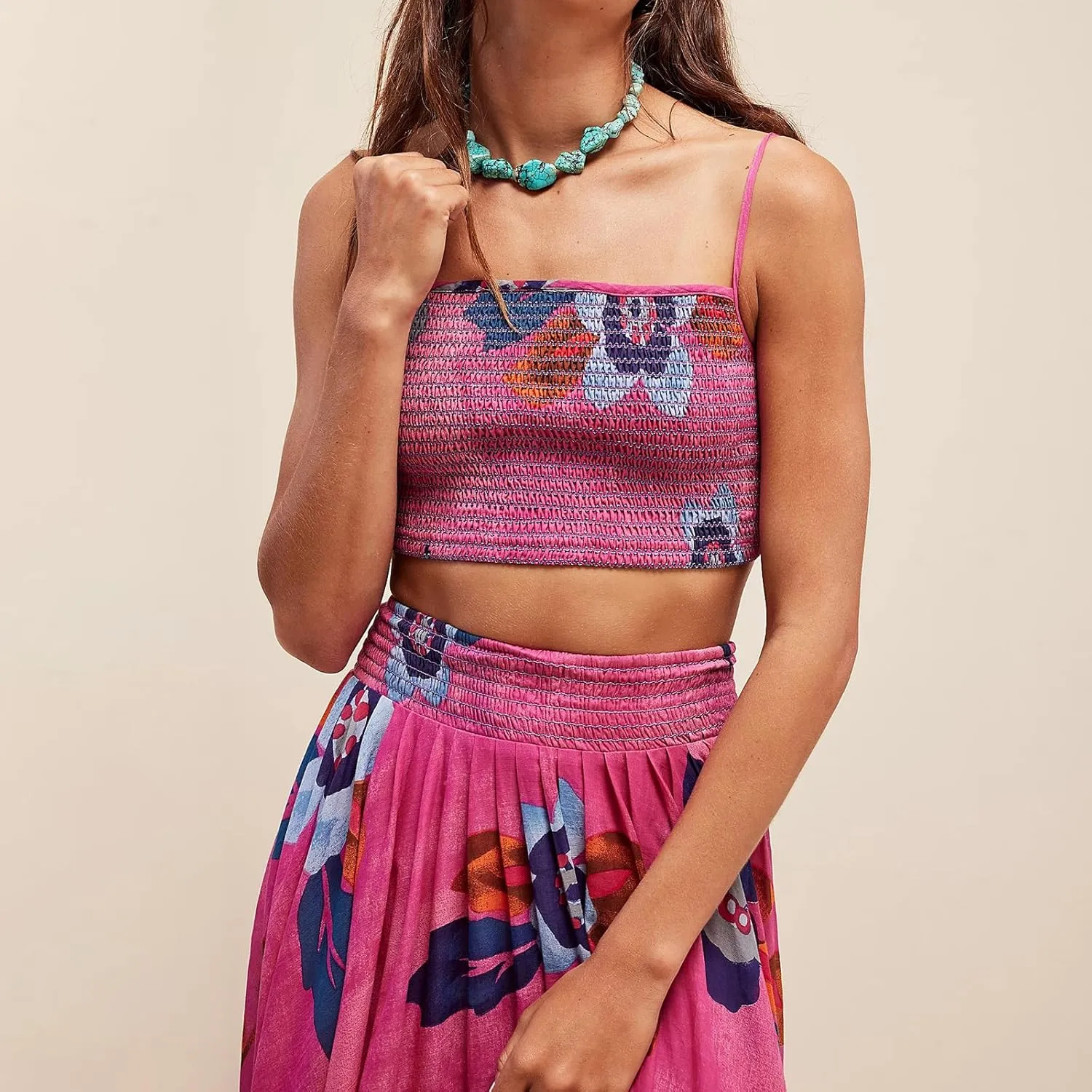 Women 2 Piece Floral Print Skirt Set Backless Cami Tops and Flowy Pleated Long Skirt Summer Boho Beach Outfits