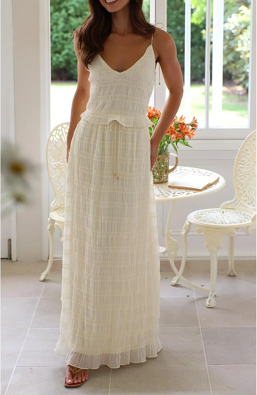 Women 2 Piece Long Skirt Sets Ruched Tie Up Sleeveless Backless Top and Drawstring Maxi Skirt Summer Beach Skirt Set