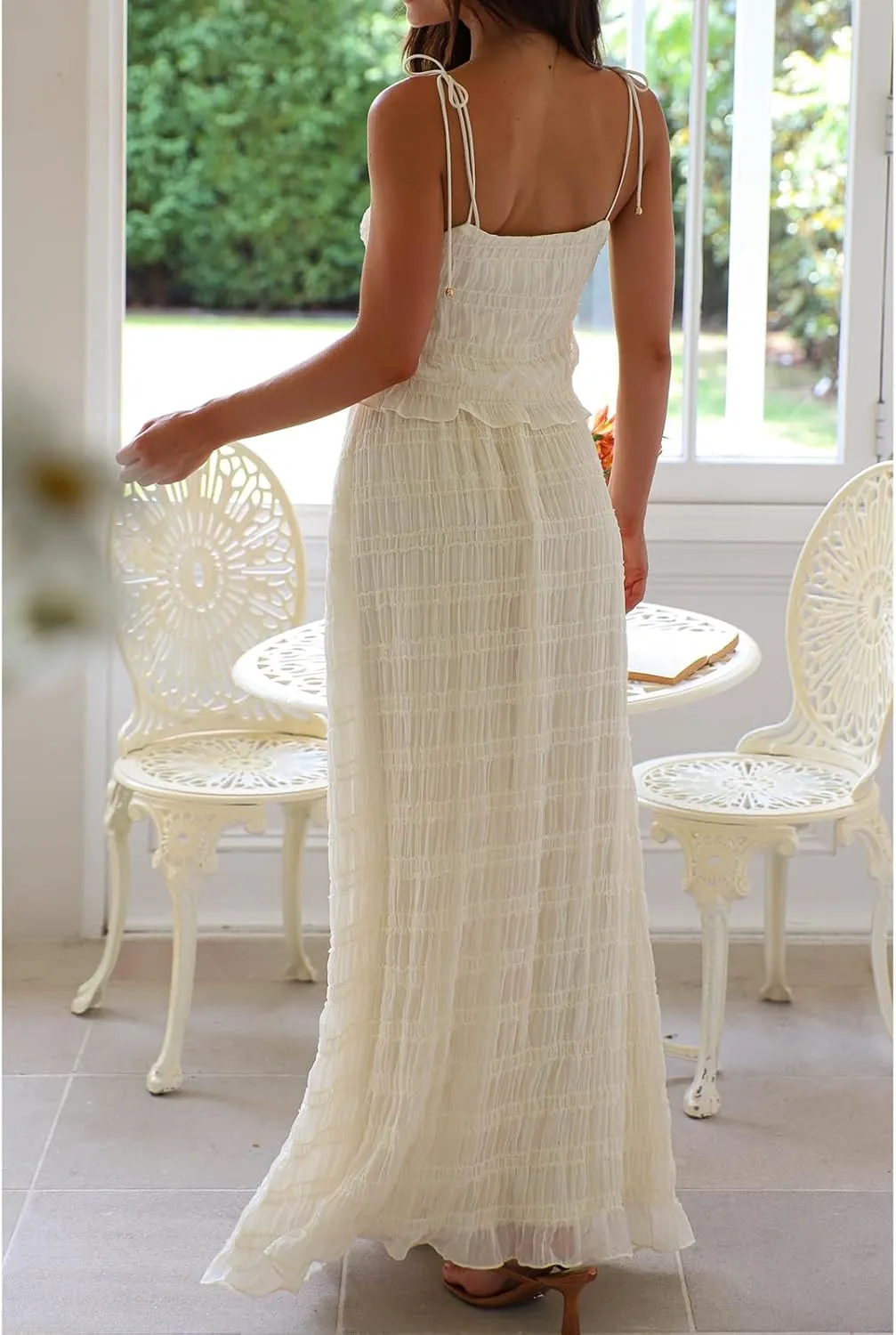 Women 2 Piece Long Skirt Sets Ruched Tie Up Sleeveless Backless Top and Drawstring Maxi Skirt Summer Beach Skirt Set