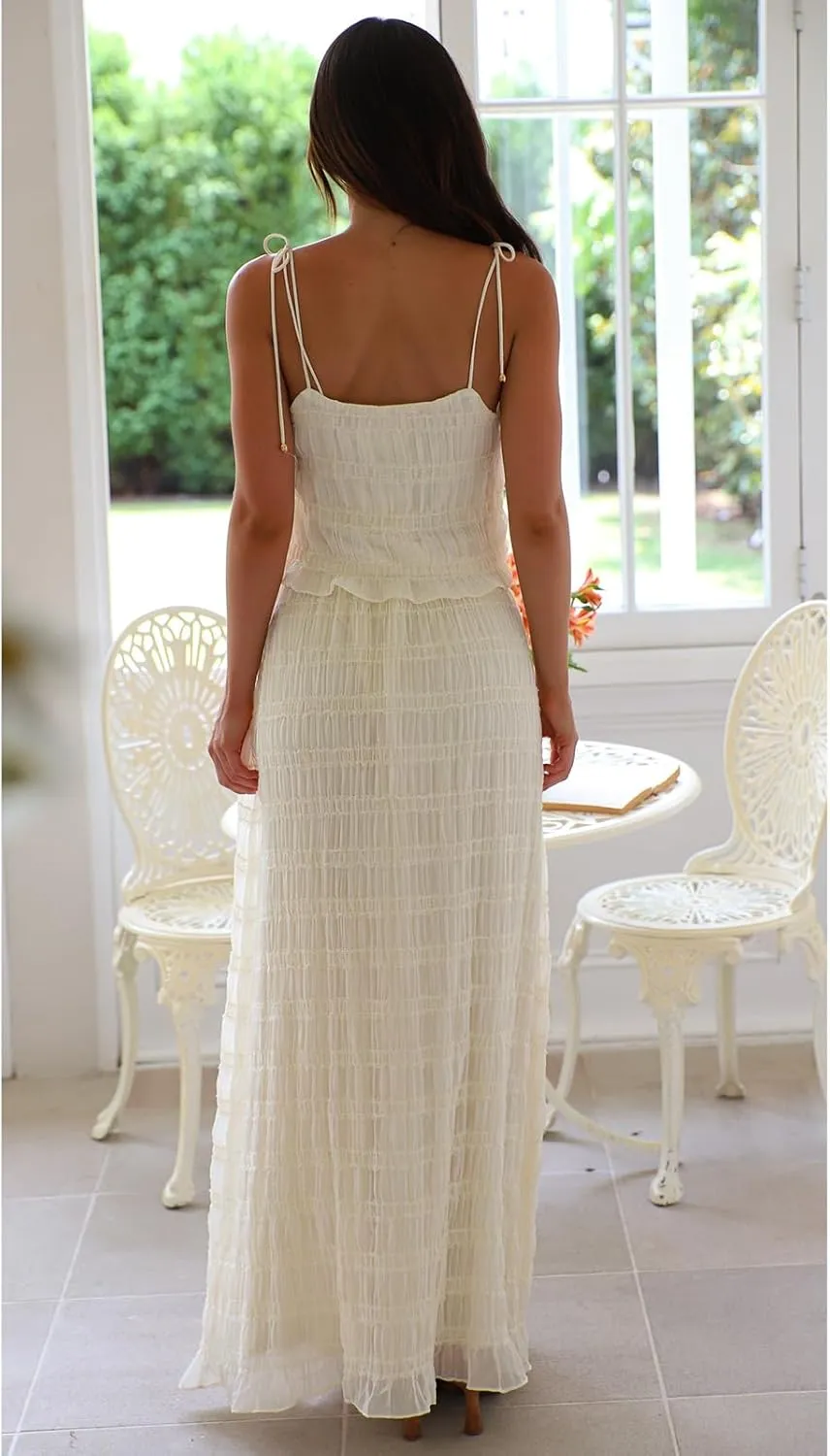 Women 2 Piece Long Skirt Sets Ruched Tie Up Sleeveless Backless Top and Drawstring Maxi Skirt Summer Beach Skirt Set