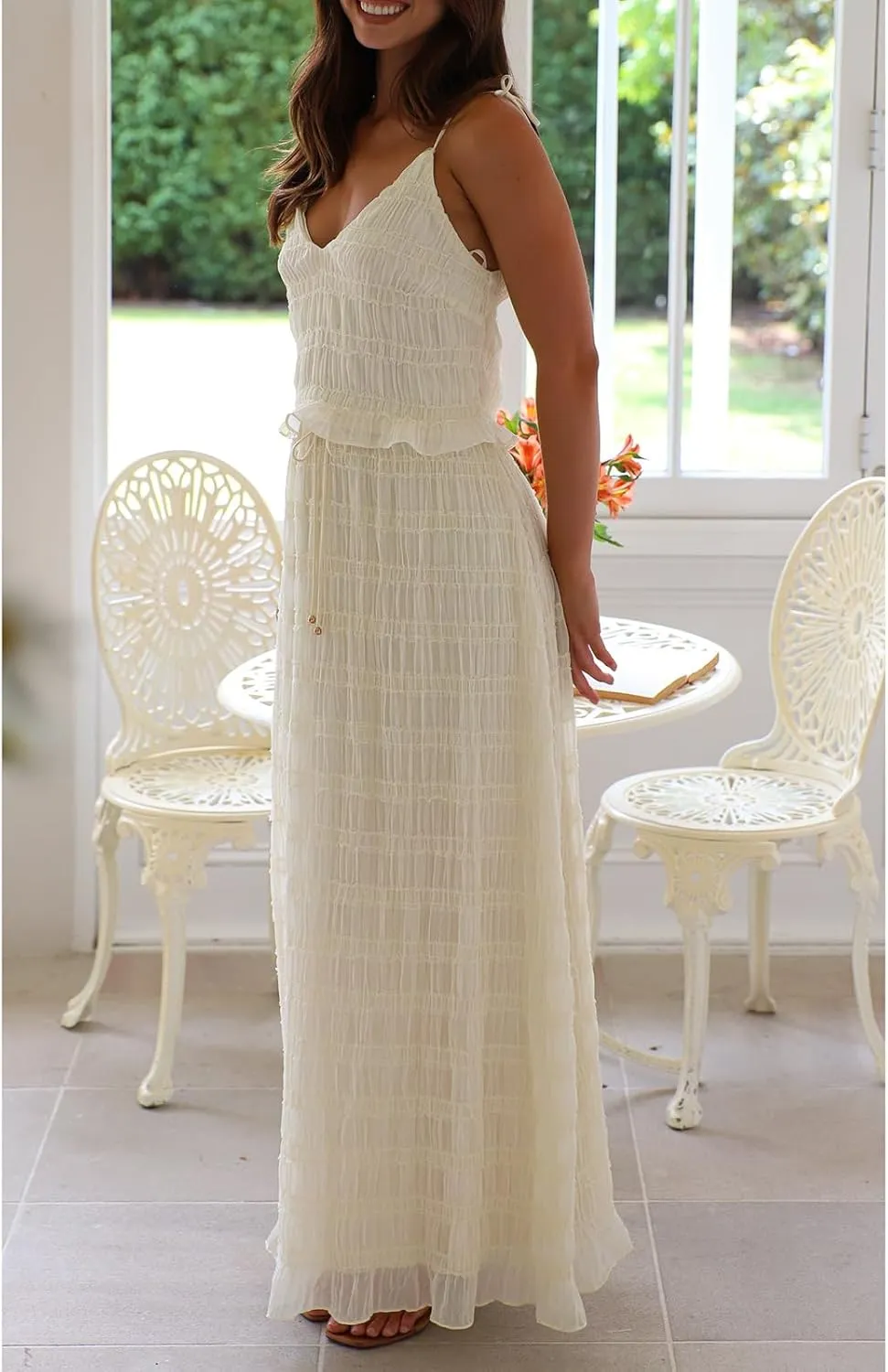 Women 2 Piece Long Skirt Sets Ruched Tie Up Sleeveless Backless Top and Drawstring Maxi Skirt Summer Beach Skirt Set