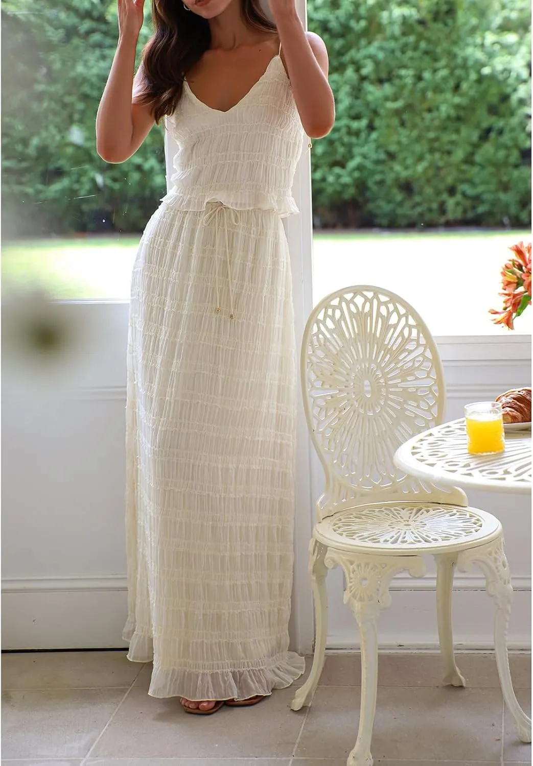 Women 2 Piece Long Skirt Sets Ruched Tie Up Sleeveless Backless Top and Drawstring Maxi Skirt Summer Beach Skirt Set