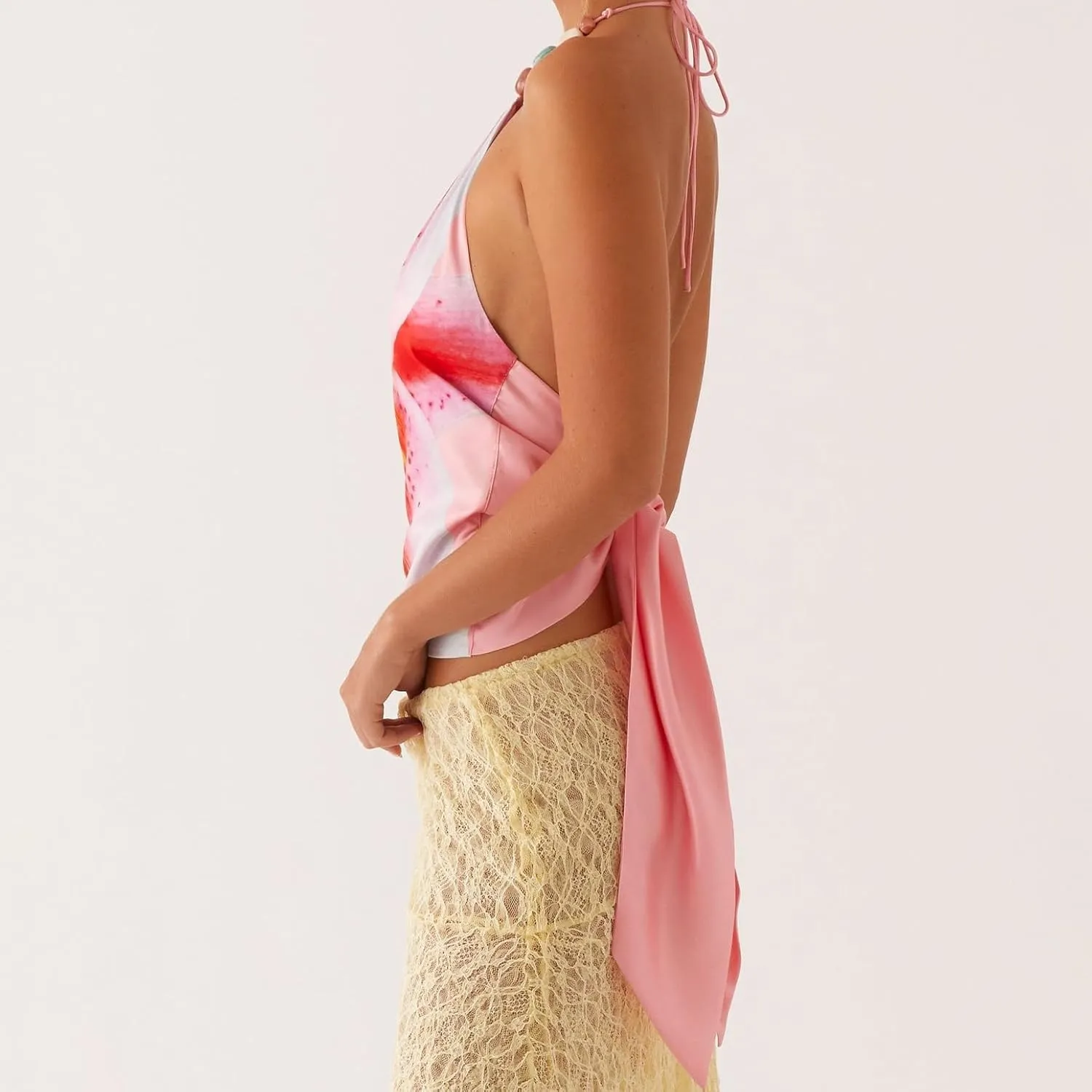 Women Backless Crop Cami Tops Spaghetti Strap Tie Up Camisole Sleeveless Halter Summer Going Out Tops