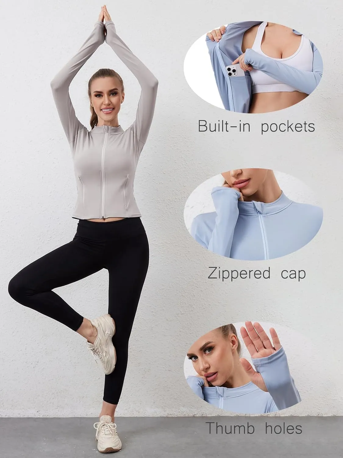 Women Built-In Pockets Athletic Jackets Slim Fit Full Zip up Workout Yoga Gym Jacket with Thumb Holes