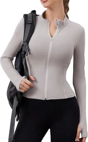 Women Built-In Pockets Athletic Jackets Slim Fit Full Zip up Workout Yoga Gym Jacket with Thumb Holes