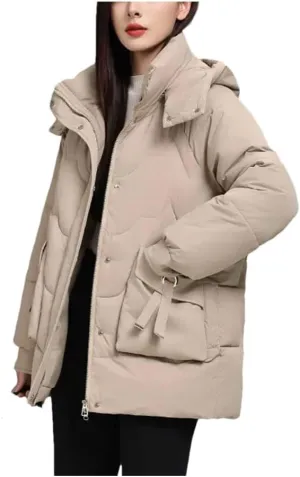 Women Down Cotton Padded Thickened Jacket Loose Stand-Up Collar Hooded Parka Loose Coat