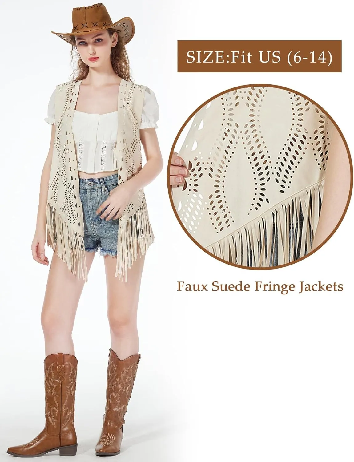Women Fringe Tassel Vest Trim Sleeveless Cowgirl Vest 70s Hippie Faux Suede Waistcoat Jacket Cardigan Top