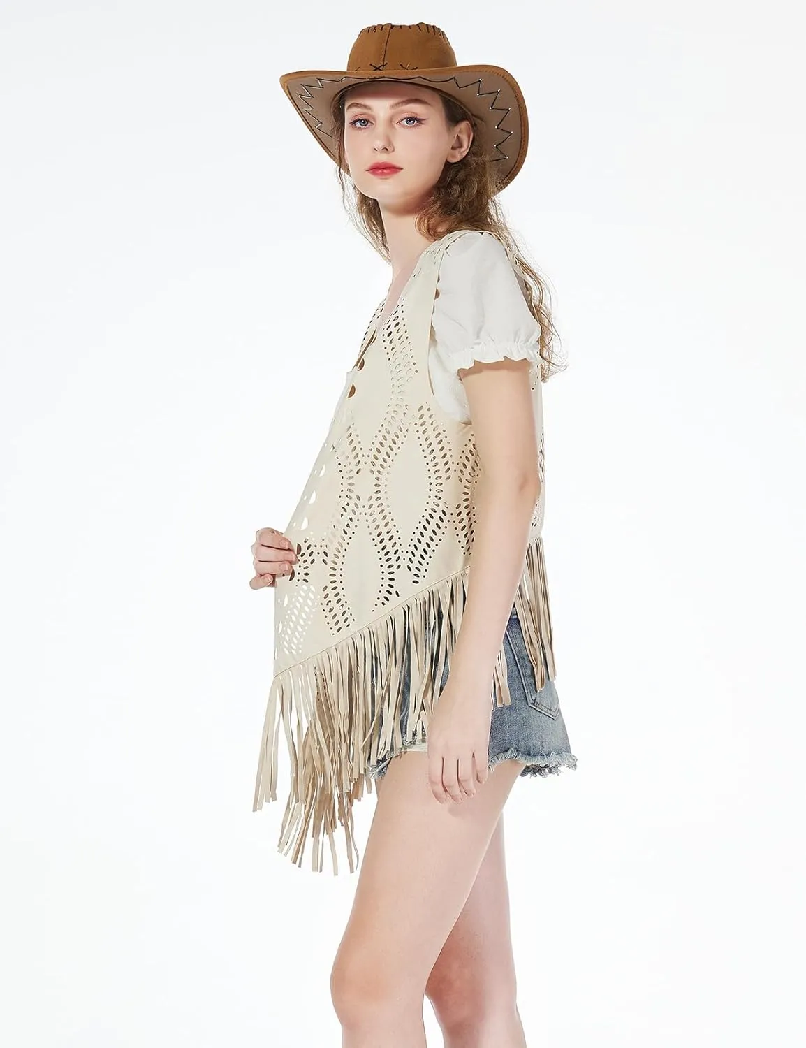 Women Fringe Tassel Vest Trim Sleeveless Cowgirl Vest 70s Hippie Faux Suede Waistcoat Jacket Cardigan Top