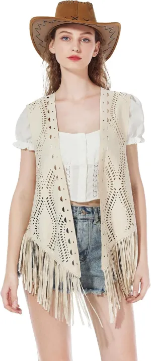 Women Fringe Tassel Vest Trim Sleeveless Cowgirl Vest 70s Hippie Faux Suede Waistcoat Jacket Cardigan Top
