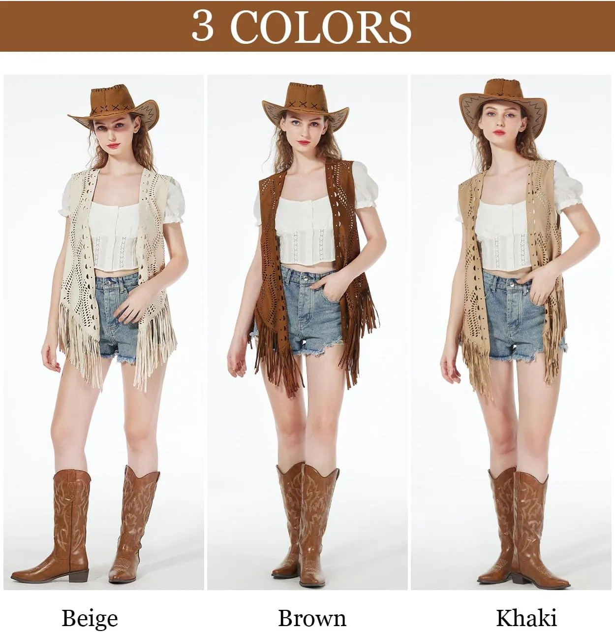 Women Fringe Tassel Vest Trim Sleeveless Cowgirl Vest 70s Hippie Faux Suede Waistcoat Jacket Cardigan Top